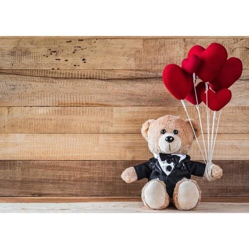 Toy Bear Red Hearts Wooden Plank Photography Backdrop Vinyl Background for Lovers Valentines Day Wedding Photocall Photo Studio