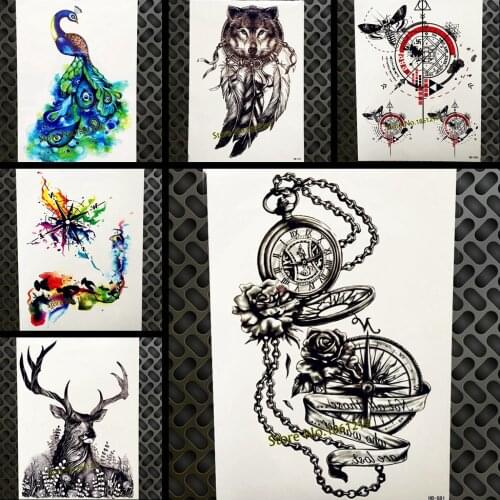 Vintage Clock Compass Temporary Tattoo For Women Body Art 21x15cm Waterproof Rose Flower Arm Tatoo Fake Jewelry Tattoo Stickers