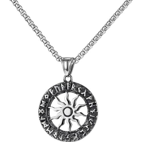 Vintage Nordic Viking Sun Flower Necklaces Triangle Symbol Round Pendant for Men Him Stainless Steel Chain Punk Male Jewelry