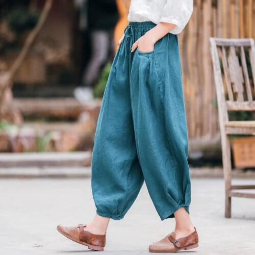 2020 Summer Pants Retro Women Elastic Waist Drawstring Casual Trousers Ladies New Loose pocket All-match Pants