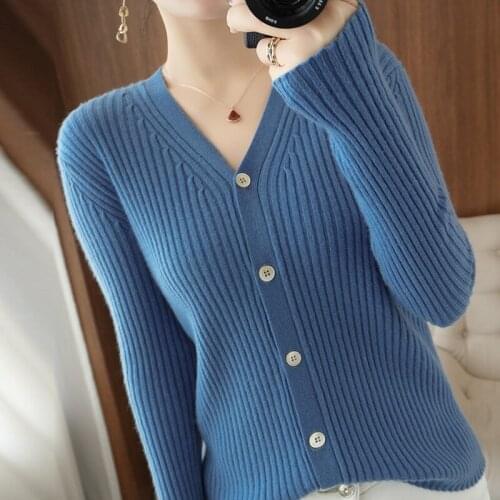 100% Wool Casual V-Neck Solid Long Sleeve Women Sweater 2021 Autumn Winter Knitted Cardigan Sweaters Female England Style Tops