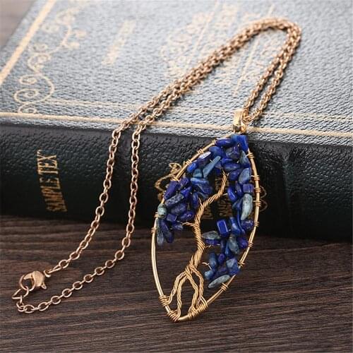 12PCS Chakra Real Lapis lazuli Gravel Natural Stone Necklace Kabbalah Life of Tree pendulum Wire Wrap Jewelry Pendant Necklace