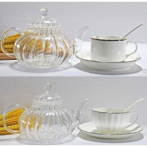 2pcs set, pumpkin glass tea pot and bone china afternoon tea cup with saucer, for service cafe, porcelain tea cups set, coffee
