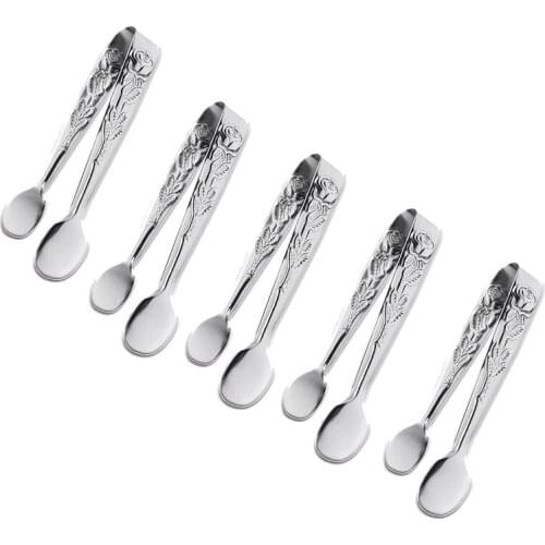 5PCS Mini Serving Tongs,4Inch Rose Stainless Steel Sugar Tongs, Silver Small Ice Tongs for Tea and Coffee Party,Desserts