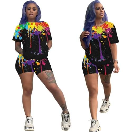 61CY8071 Summer Women Casual Fashion Inkjet Printing Home Sports Two Piece Set Top and Pants Tracksuit Sweatsuit Outfits Hot