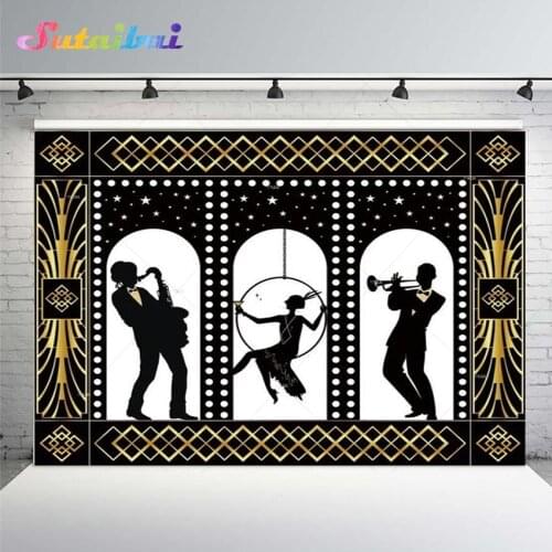 Great Gatsby Theme Birthday Party Photography Background Black Golden Line Customize Gold Gate Dancing Music Ceremony Backdrops
