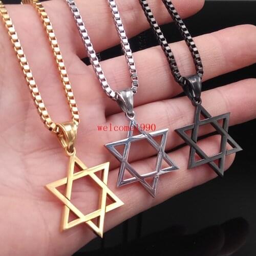 Fashion Jewelry Judaism Magen David Stainless Steel Hexagram Pendant Necklace Box Chain 2.4mm24'' for women men