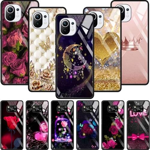 Red Rose And Diamond Butterfly Glass For Xiaomi Poco X3 NFC M2 F2 Pro Case For MI 11 Ultra 11 10 10T Lite 9T CC9E CC9 Note 10