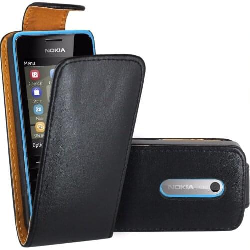 Black Flip Premium Leather Skin Bag Case Cover For Nokia Asha 206 / Nokia Asha 206 Dual Sim