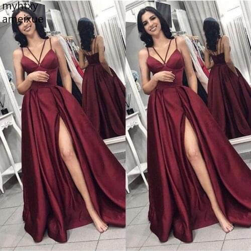 Cheap Very Much Sexy Long Prom Dress 2020 V Neck Spaghetti Straps Burgundy Sweep Train Formal Wine Red Plus Size Hi Low Dress