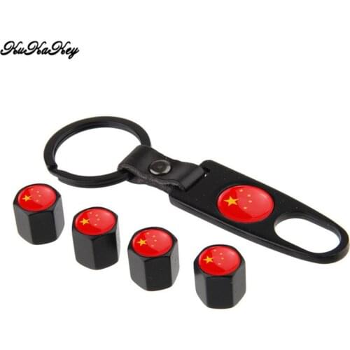 Car Tire Wheel Valve Caps With Key Ring Keychain Chinese Flag Style Tyre Valve Dust Caps Bicycle Parts Motorcycle Accessories