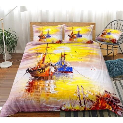 Sailboat Duvet Cover Set Oil Painting Bedding Set Fantastic Abstract Art Bedclothes Coastal Nature landscape Bedline
