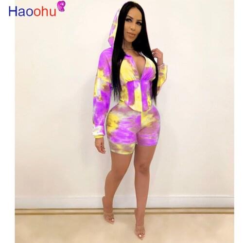 HAOOHU Tie Dye Two Piece Set Tracksuit Women Summer Clother Matching Sets Crop Top Biker Shorts Sweat Suits Sexy Club Outfits