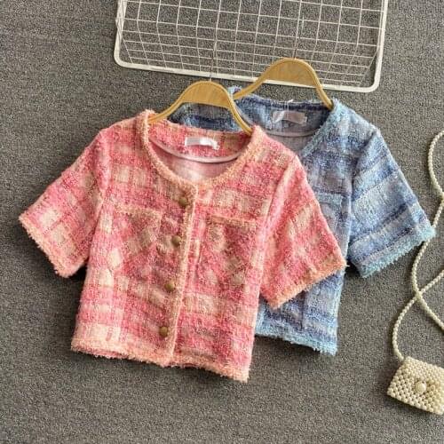 French Elegant Ladies Small fragrant Style Tweed Jacket Womens Summer 2021 New Pink/Blue Short Sleeve Thin Short Coat Outwear