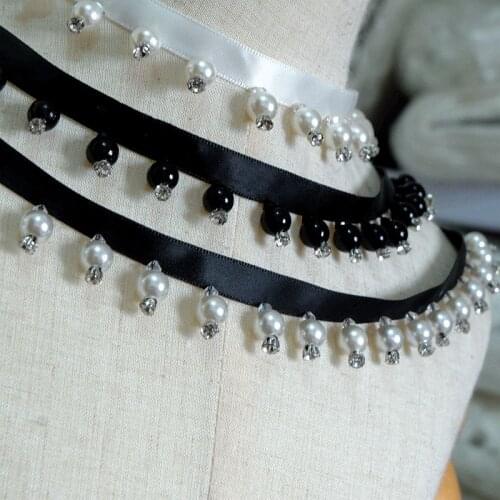 1Meter White Black Webbing Beaded Crystal Lace Fabric Trim Ribbon DIY Clothing Pearl Sleeves Collar Accessories Wedding Supply