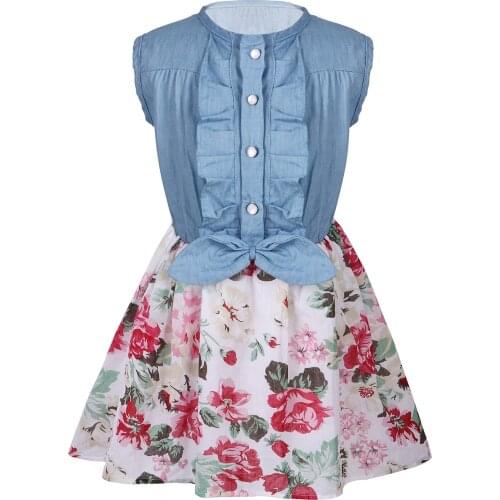 Oyolan Summer Girls Denim Dress Princess Floral Sleeveless Dresses Bowknot Ruffle Dress Sundress For Girl Clothes Kids Clothing