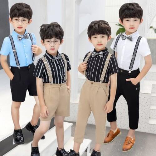 Boys Summer Shirt +Pants +Suspender+Bowtie Clothing Set Gentleman Kids School Performance Dress Children Graduation Suit