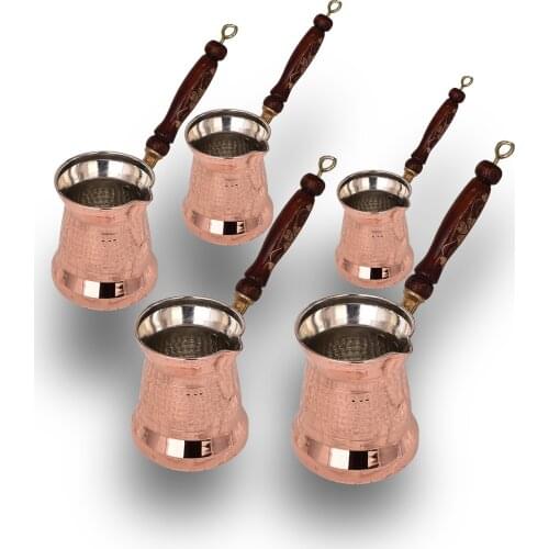 HANDMADE COPPER SULTAN COFFEE POT 5 SETS WITH THICK WOODEN HANDLE