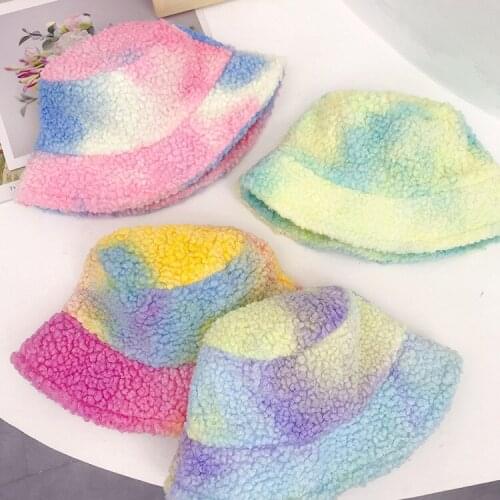 Fashion Color Matching Lambswool Fisherman Hat Autumn and Winter Thick Warm Outdoor Basin Hat All-Matching Big Brim Hat