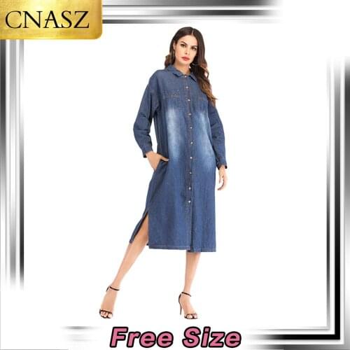 Muslim Abaya Single-Breasted Lapel Long Boutique Denim Shirt Dubai Turkey Islamic Casual Jacket Kaftan Moroccan Bangladesh Dress