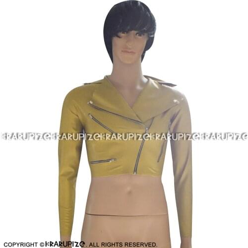 Golden Sexy Short Latex Jacket Rubber Coat With Zipper And Buttons Turn Down Collar Clothing Clothes Suit Garment Top YF-0048