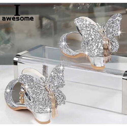 Princess Kids Leather Shoes For Girls Glitter Butterfly Knot Dress Banquet Party Children High Heel Shoe For kids Girls Sandals