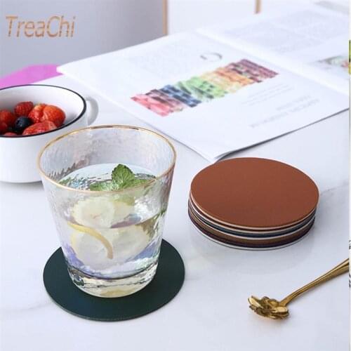 6Pcs Home Decor Faux Leather Coaster Waterproof Heat Resistant Round Cup Coaster Cup Mat Tableware Insulation Mat Bowl Placemat
