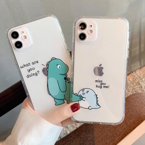 Cute Cartoon animal Dinosaur Couple Phone Case For iPhone 12 Pro 11 Pro Max X XR 7 8 Plus Soft TPU Shockproof Transparent Cover