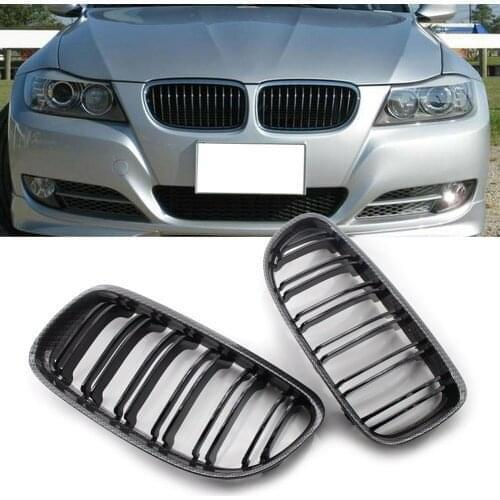 2x Carbon Fiber Black Double Slat Car Front Kidney Grille For BMW E90 E91 2009 2010 2011 2012 3 Series 325i 328i 335d 335 i