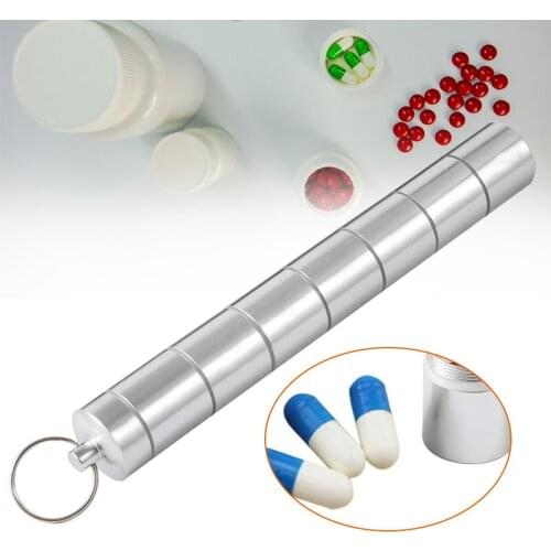 Silver Aluminum Alloy Box Waterproof Case Pill Capsule Holder Detachable Weekly Tablet Medicine Dispenser Storage with Keychain