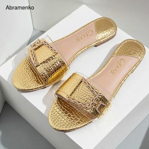 Women Slippers Flat Heel Silver Gold Women Buckle Slides Shoes Summer Outdoor Beach Transparent Sandals Slipper Female Flip Flop