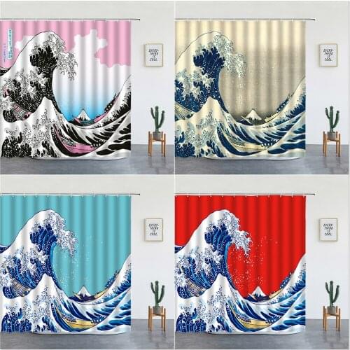 Sea Waves Mount Fuji Shower Curtain Waterproof Fabric Printing Bathroom Curtains Cartoon Landscape Home Decor Screens With Hooks