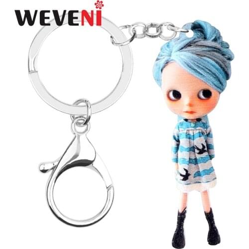 WEVENI Acrylic Blue Hair Dress Girl Key Chains Ring Jewelry Women Girls Bag Car Purse Wallet Doll Keychain Charms Gift Hot Sale