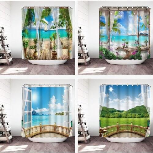 3D Window Opening Scenery Printing Shower Curtain Waterproof Mildew Washable Seaside View Curtain Bathroom Decoration with Hooks