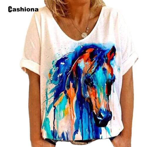 Plus Size 3xl Ladies Elegant Leisure Casual T-shirt Model Horse Print Womens Top Latest Summer Tees shirt Femme Clothing 2021