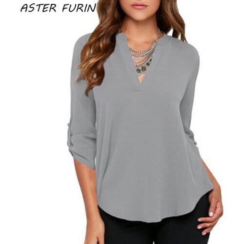Office Women Shirts Casual V-Neck Chiffon Blouse Long Sleeve Solid Color Tops Shirt