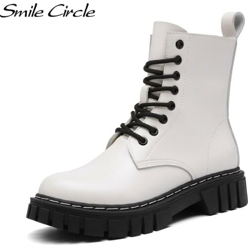 Smile Circle Autumn Ankle Boots Women Black Platform Boots Genuine Leather Side zipper Ladies Shoes Short Motorcycle Boots