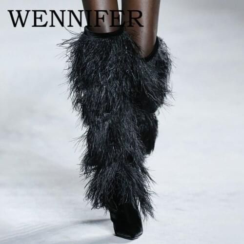 2021 Ostrich Feather Knee High Women Boot Pointy Cross Straps Tassel Side Zipper Suede Boot Runway Lady Long Booties Botas Mujer