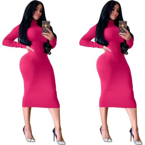 Women Turtleneck Long Sleeve Bodycon Plus Velvet Midi Dress Autumn Winter Solid Casual Slim SKinny Package Hip Thick Vestidos