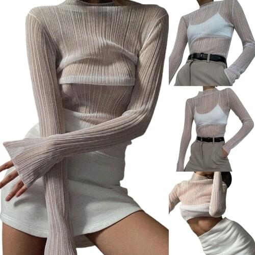 Women Sexy Long Sleeve See-through Pullover, New style Fashion White Solid Color Turtleneck Long Sleeve Tops, S/ M/ L