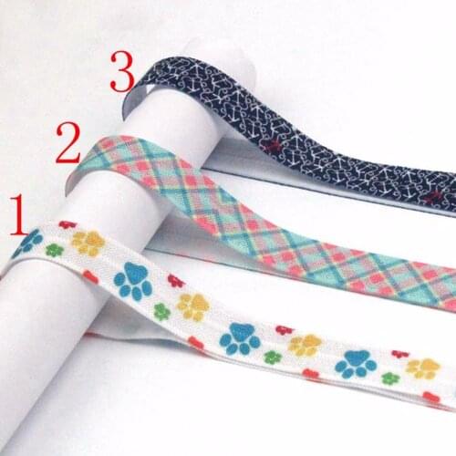 100yards/lot 5/8" heat transfer paws plaid anchor printed foe fold over elastic for girl hair ties accessories welcome custom