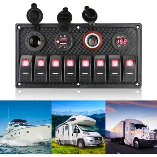 12V/24V Dual USB Cigarette Lighter Socket 8 Gang Switch Panel Digital Voltmeter Multifunction Car Marine RV Circuit LED Breaker