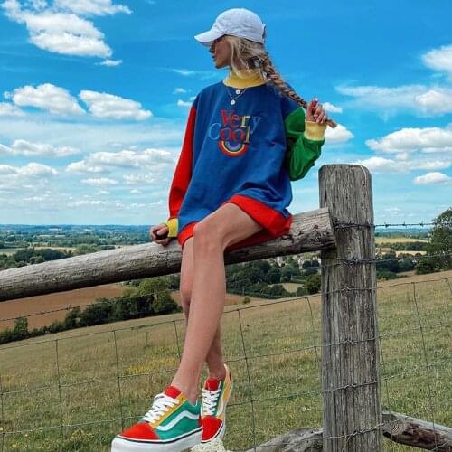 2021 Indie Fashion Patchwrok Turtleneck Tops New Rainbow Letter Print Pullovers Women Vintage Y2k Embroidery Sweatshirts Street