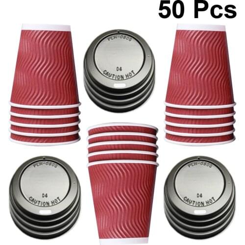 50pcs Coffee Cups Threaded Insulation Triple Wall Takeaway Cup Paper Cup with Lid for Cafe Catering Restaurant