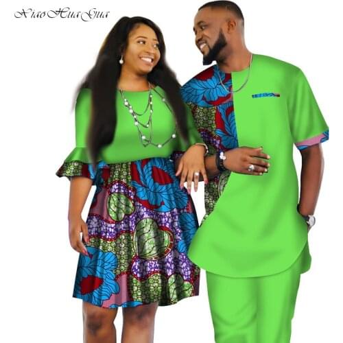 African Couple Clothes African Dashiki Print Two Piece Set Couple African Clothing for Lovers Mens Pants Set Women Dress WYQ80