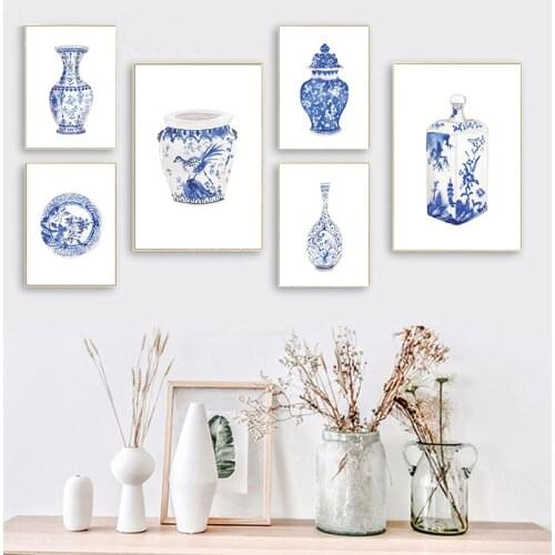 Watercolor Chinoiserie Vases Prints Ming Porcelain Blue and White China Art Canvas Painting Eastern Art Poster Wall Art Decor