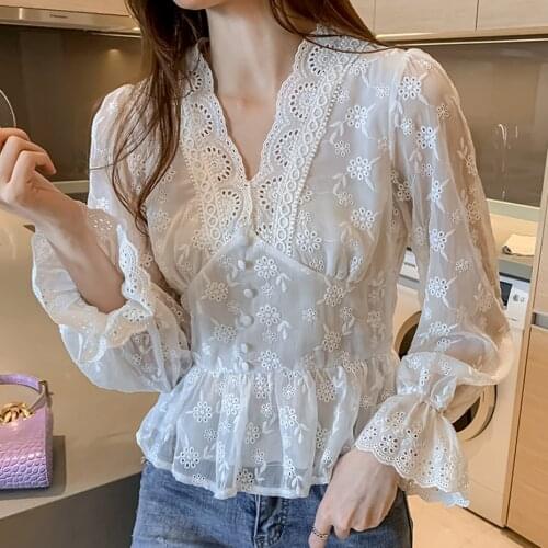 Pure White Blouse Women Mesh Hollow Out Sexy V-neck Blouse Flare Sleeve Embroidered White Shirts Ladies Elegant Blusas Plus Siz