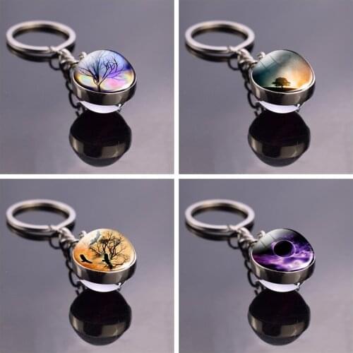Beautiful View Keychain Double Sided Glass Ball Metal Keychain Jewelry Water Dead Tree Stars Sun Keyring For Women Friends Gift
