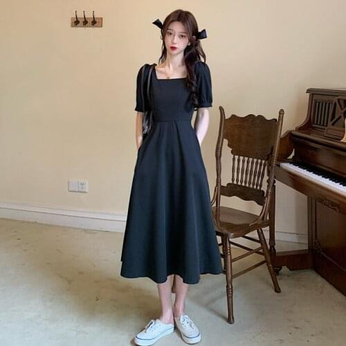 Black Dress Female Summer 2021 New High Waist Slimming Square Neck Over-the-knee Hepburn Style Small Black Long Dress