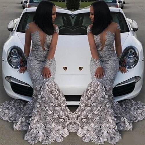 Black Girls Mermaid Silver Prom Dresses Illusion Top Lace Long Sleeve Evening Dresses Vintage 3D Rose Floral Formal Party Gowns
